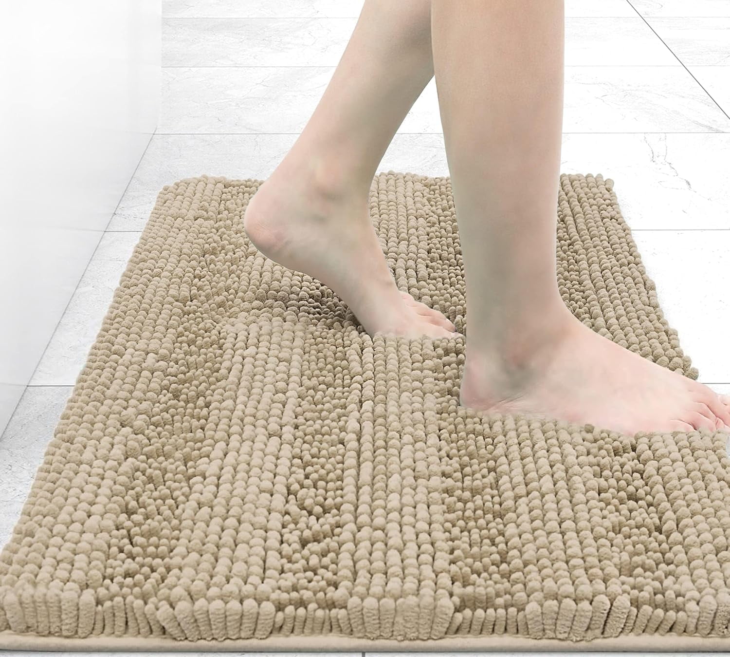 Chenille Striped Bathroom Rugs 24x16, Extra Thick and Absorbent Bath Rugs, Non-Slip Soft Plush Shaggy Bath Carpet, Machine Wash Dry, Bath Mats for Bathroom, Beige