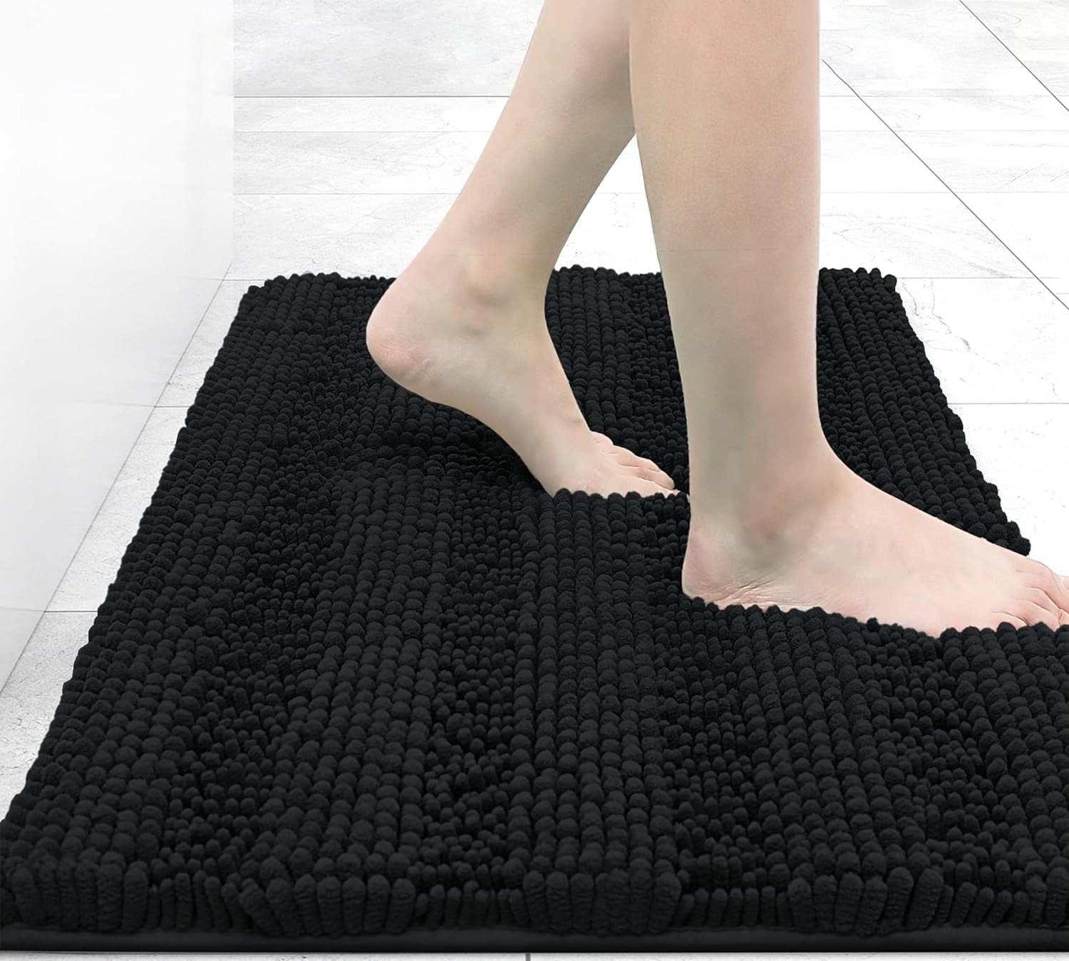 Chenille Striped Bathroom Rugs 24x16, Extra Thick and Absorbent Bath Rugs, Non-Slip Soft Plush Shaggy Bath Carpet, Machine Wash Dry, Bath Mats for Bathroom, Black