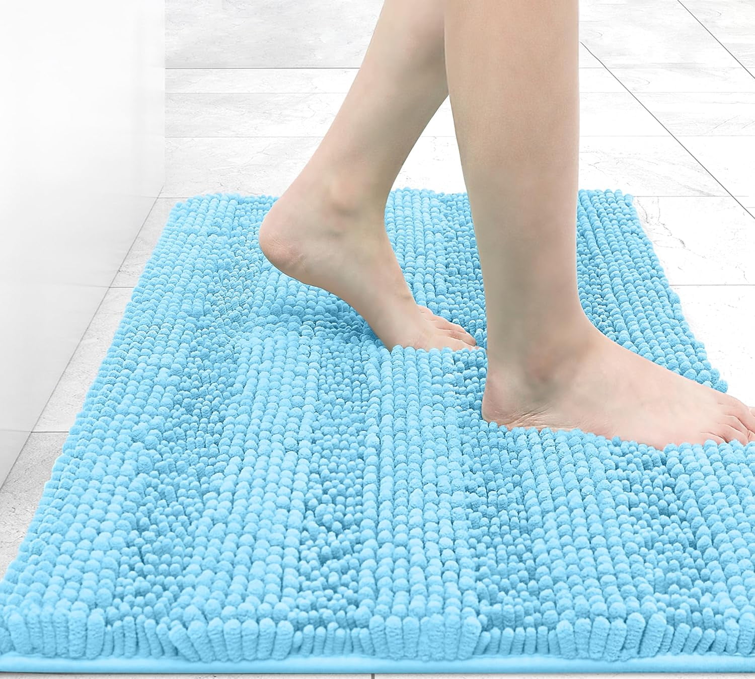 Chenille Striped Bathroom Rugs 24x16, Extra Thick and Absorbent Bath Rugs, Non-Slip Soft Plush Shaggy Bath Carpet, Machine Wash Dry, Bath Mats for Bathroom, Blue