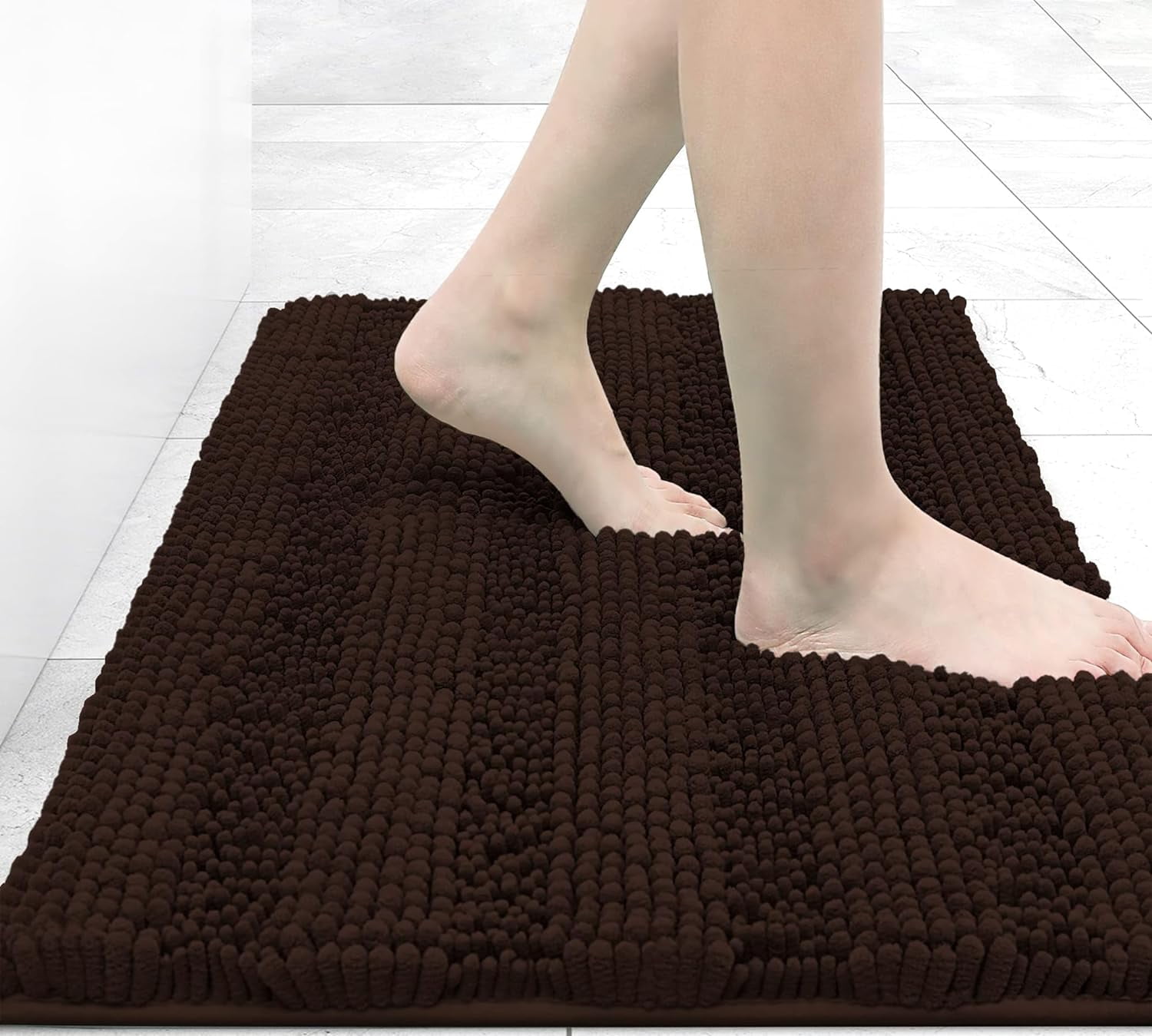 Chenille Striped Bathroom Rugs 24x16, Extra Thick and Absorbent Bath Rugs, Non-Slip Soft Plush Shaggy Bath Carpet, Machine Wash Dry, Bath Mats for Bathroom, Brown
