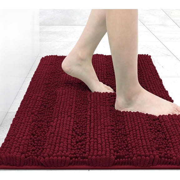 Chenille Striped Bathroom Rugs 24x16, Extra Thick and Absorbent Bath Rugs, Non-Slip Soft Plush Shaggy Bath Carpet, Machine Wash Dry, Bath Mats for Bathroom, Burgundy