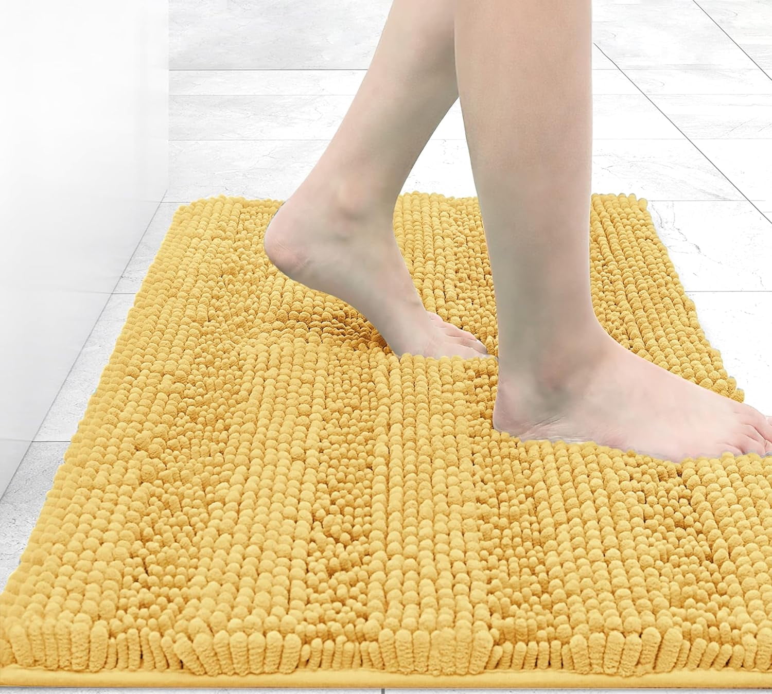 Chenille Striped Bathroom Rugs 24x16, Extra Thick and Absorbent Bath Rugs, Non-Slip Soft Plush Shaggy Bath Carpet, Machine Wash Dry, Bath Mats for Bathroom, Yellow