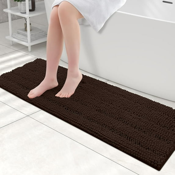 Chenille Striped Bathroom Rugs 47" x 17" Extra Thick and Absorbent Bath Rugs, Non-Slip Soft Plush Shaggy Bath Carpet, Machine Wash Dry, Bath Mats for Bathroom, Brown