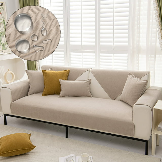 Chenille Textures Sofa Cover Universal Non-Slip Cheap Waterproof Sofa Cushion Towel Sofa Protective Mats for Living Room Home (Waterproof-Cream,90x240cm-1pc)
