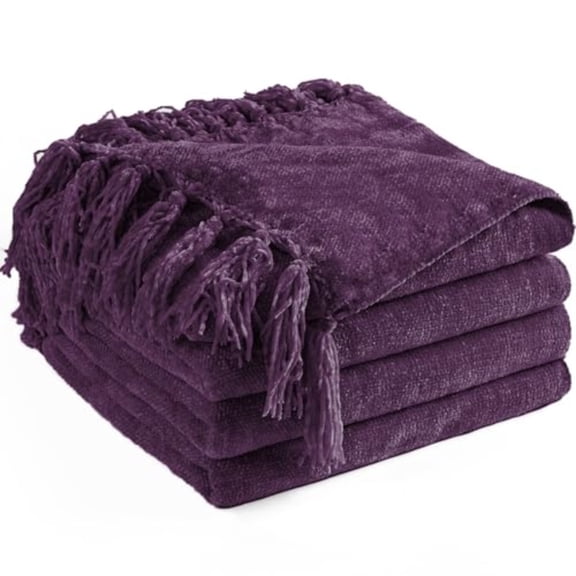 Chenille Throw Blanket for Couch 60X 80 Twin Soft Cozy Throws with Fringe Tassel for Bed Sofa Chair Cover Lightweight Knitted Decorative Boho Blankets for Living Room Dark Purple