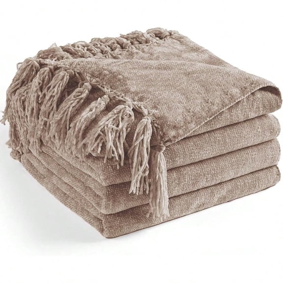Chenille Throw Blanket For Couch 60X 80 Twin Soft Cozy Throws With Fringe Tassel For Bed Sofa Chair Cover Lightweight Knitted Decorative Boho Blankets For Living Room Taupe
