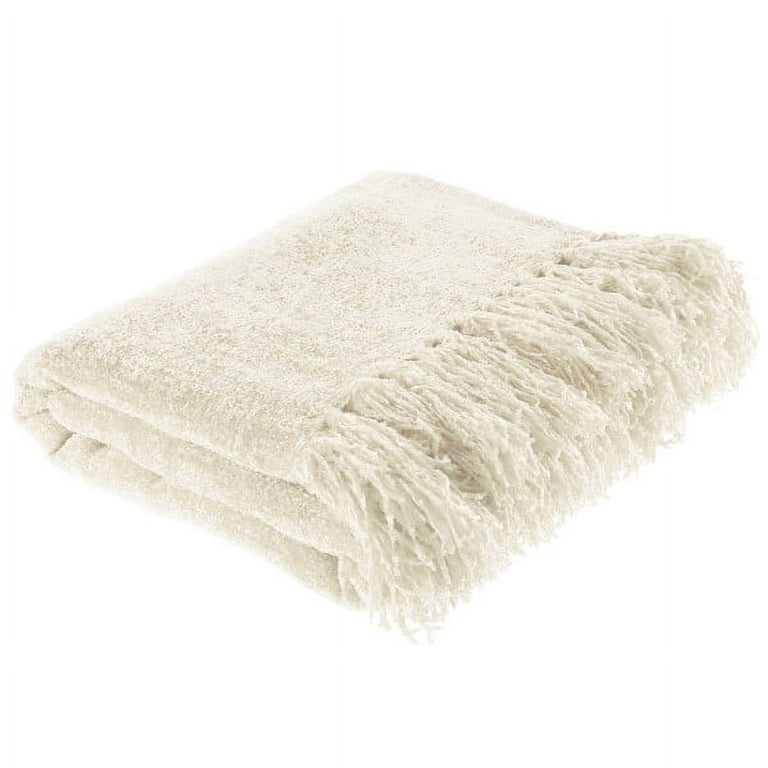 Chenille Throw Blanket For Couch Home D cor Bed Sofa Chair Oversized 60 x 70 Lightweight 5 Fringe Ultra Soft Shiny in Ivory by LHC