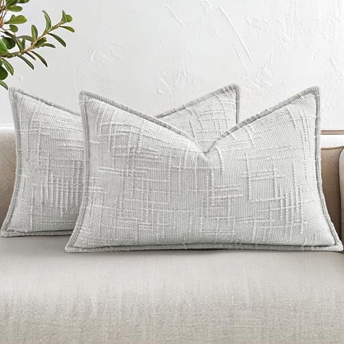 Chenille Throw Pillow Covers 12x20 Set of 2, Thick Textured Slubby Neutral Decorative Pillow Covers with Elegant Design for Couch, Sofa, Living Room, Light Grey