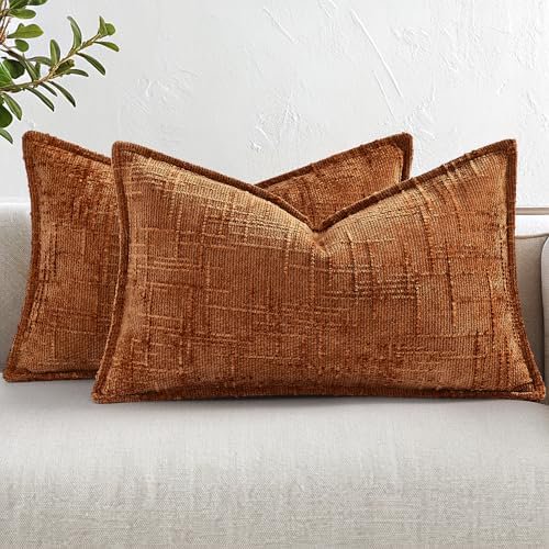 Chenille Throw Pillow Covers 12x20 Set of 2, Thick Textured Slubby Neutral Decorative Pillow Covers with Elegant Design for Couch, Sofa, Living Room, Rust