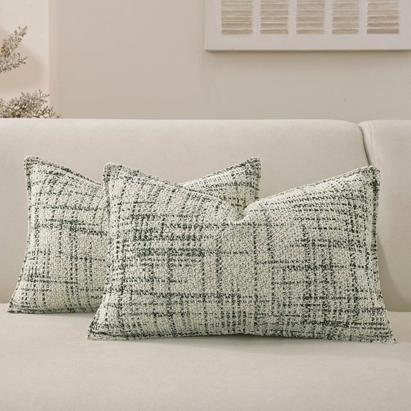 Chenille Throw Pillow Covers 20x12 Set of 2, Thick Soft Tweed Textured Decorative Boho Pillow Covers with Elegant Design for Couch, Sofa, Living Room, Green