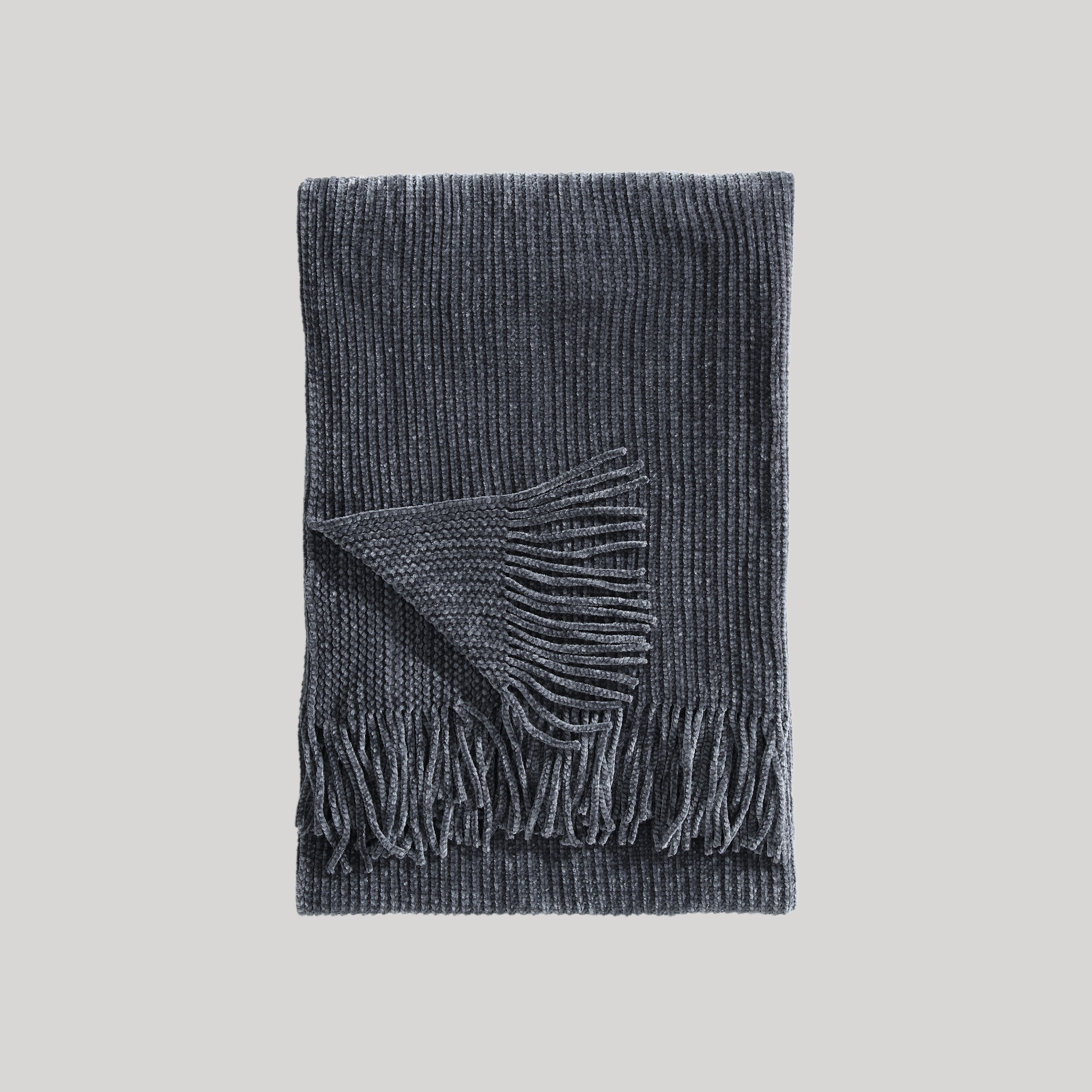 Grey Polyester Chenille Reversible Throw Blanket with Fringe