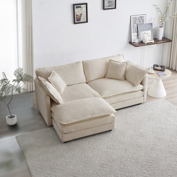 Beige Chenille 2-Seater L-Shaped Sectional Sofa with Ottoman for Small Living Space