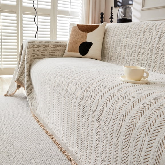 Universal Chenille Herringbone Throw Blanket with Tassel Fringe, Pet‑Scratch Resistant Soft Furniture Cover, Boho Farmhouse Home Decor for Sofa Couch