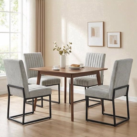 Usaint Channel Tufted Chenille Upholstered Dining Chair Set of 4, Thick Padded Seat, Black Metal Legs for Kitchen and Dining Room, Light Gray