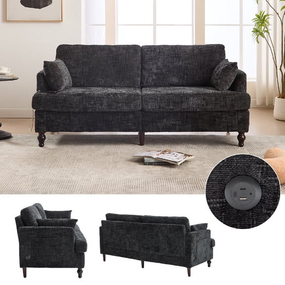 Chenille Upholstered Loveseat Sofa Couch with Charging Station and LED Lights, 2-seater Comfy Deep Seats Sofa with Side Pockets and Wood Legs for Living Room, Bedroom, Apartment, Small Spaces, Black