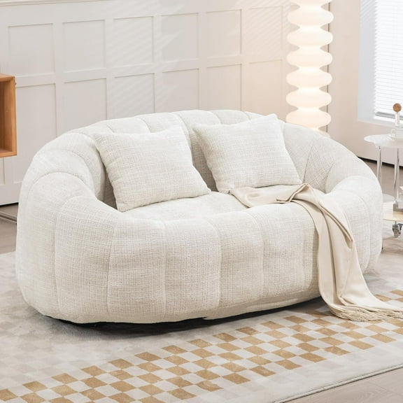 Chenille Upholstered Memory Foam Stuffed Lazy Floor Sofa Accent Bean Bag Couch, Giant Bean Bag Sofa for Adults, Modern 2 Seater Loveseat Sofa for Living Room Bedroom, Beige