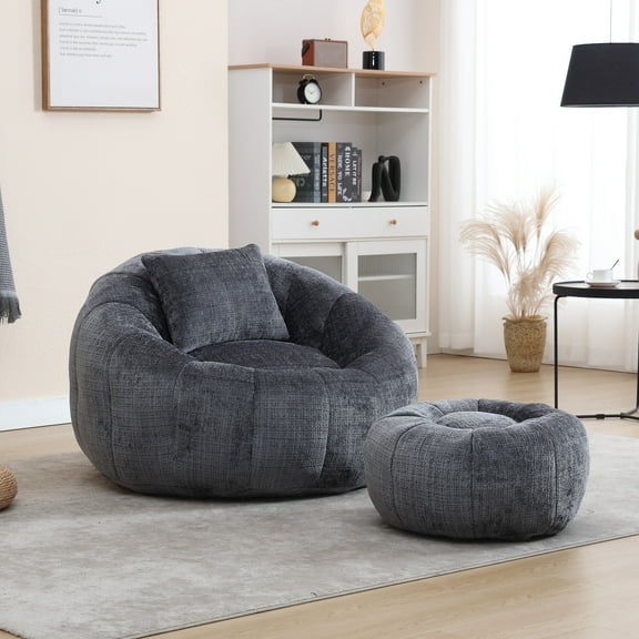 Chenille Upholstered Round Lazy Cozy Bean Bag Chair with Ottoman-Gray
