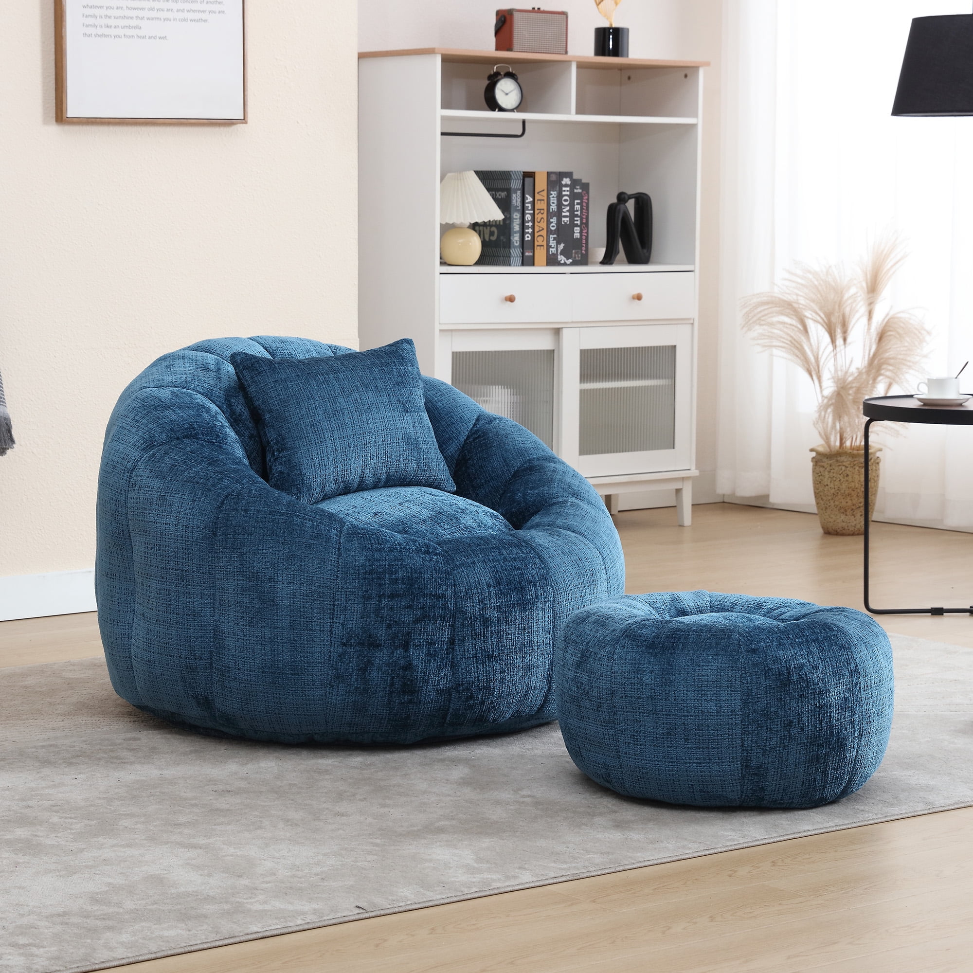 Chenille Upholstered Round Lazy Cozy Bean Bag Chair with Ottoman-Navy Blue