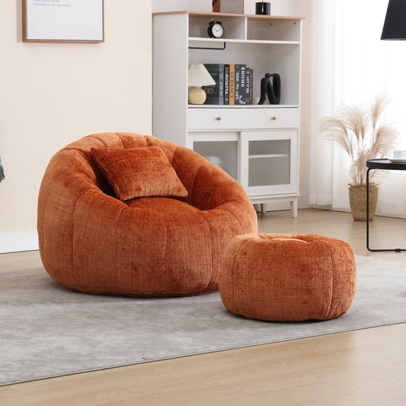 Chenille Upholstered Round Lazy Cozy Bean Bag Chair with Ottoman-Orange