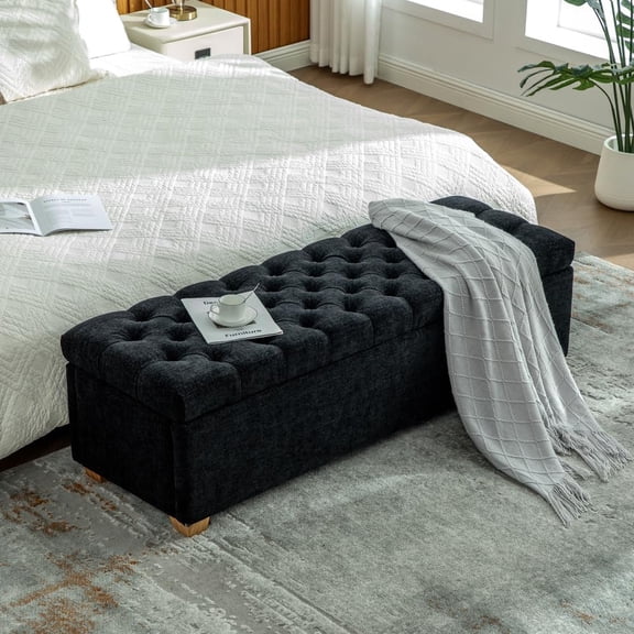 Chenille Upholstered Storage Bench - Tufted Flip-Top Accent Ottoman Footrest Stool with Rubberwood Legs for Living Room Bedroom Entryway Dining Room Dorm Corner (60.2'', Black)