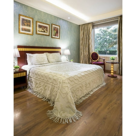 Chenille Vintage Style Tufted Fringed Ivory Twin Bedspread