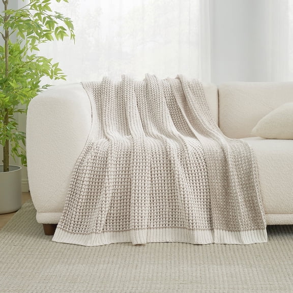 Waffle Knit Throw Blanket Reversible Bedding Blanket,50" X 60",Beige&White