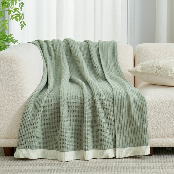Chenille Waffle Knit Throw Blanket Reversible Bedding Blanket,50" X 60",Sage Green