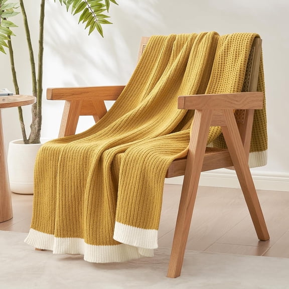 Chenille Waffle Knit Throw Blanket Reversible Bedding Blanket, 50"x60", Ginger