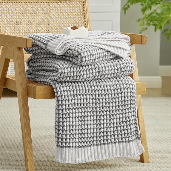 Chenille Waffle Knit Throw Blanket Reversible Bedding Blanket, 50"x60", Grey&Ivory