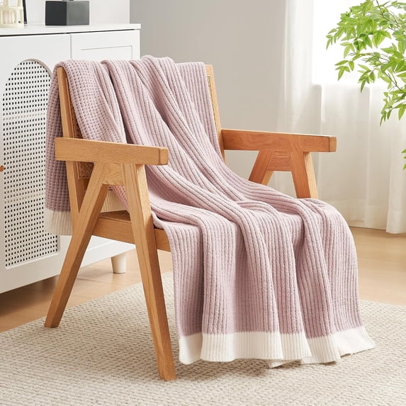 Chenille Waffle Knit Throw Blanket Reversible Bedding Blanket, 50"x60", Pink