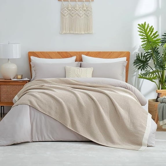 Chenille Waffle Knit Throw Blanket Reversible Bedding Blanket, 60"x80", Beige