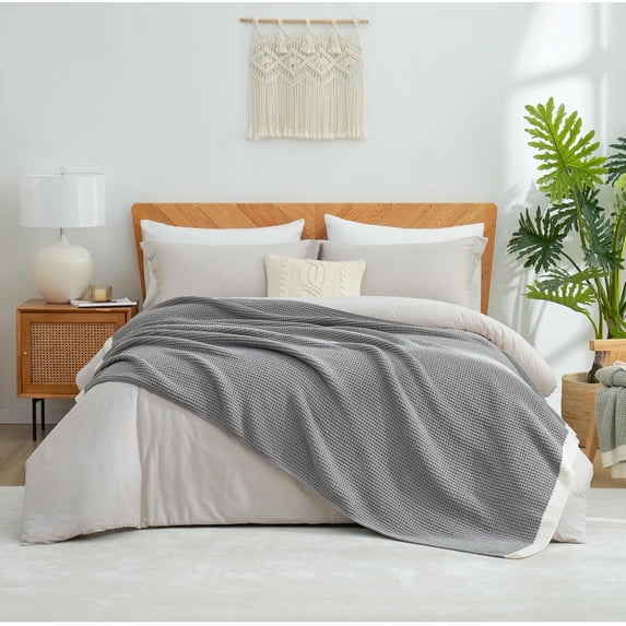Chenille Waffle Knit Throw Blanket Reversible Bedding Blanket, 60"x80", Grey