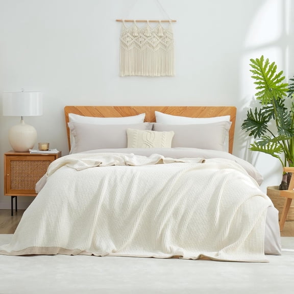 Chenille Waffle Knit Throw Blanket Reversible Bedding Blanket, 90"x90", Ivory