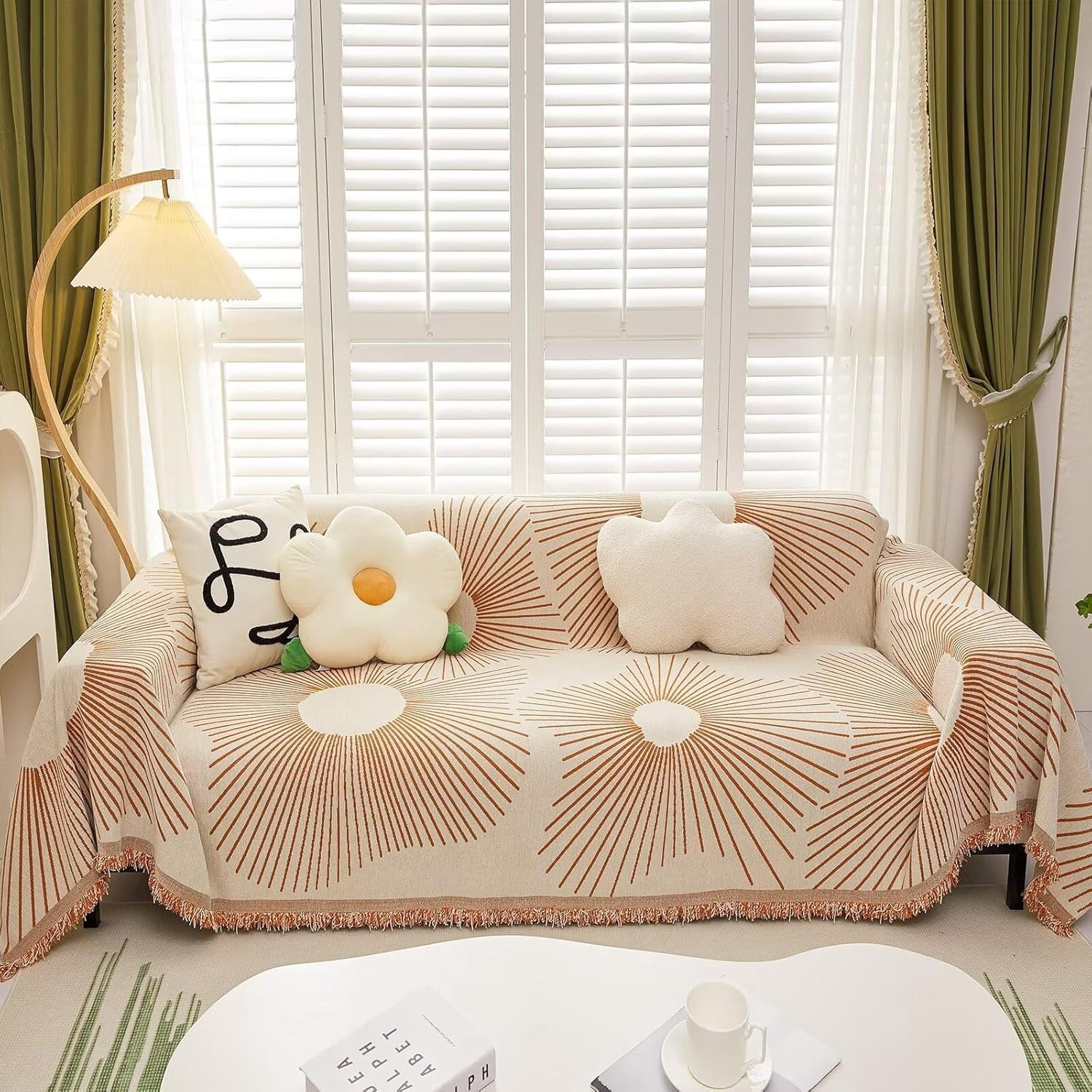 Chenille XXL Sofa Cover for Couch, Modern Beige Caramel Flower Sofa