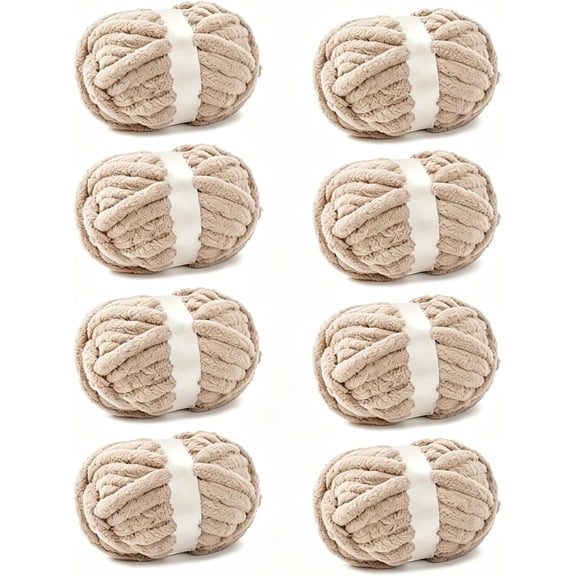 Chenille Yarn, Super Bulky 10 - Extra Plush & -Friendly for Chunky Knit Blankets, Arm Knitting & Crocheting 8-Pack (8oz/25yd Per Skein), Machine Washable, Ultra Soft, Light Khaki