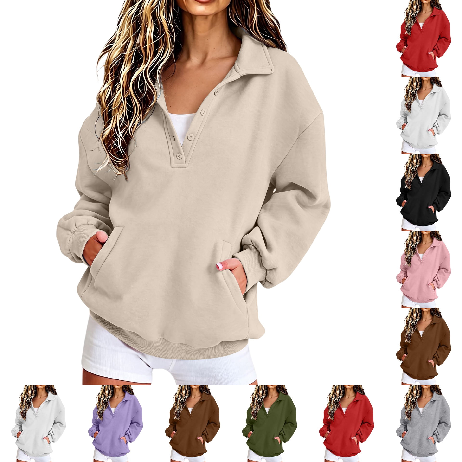Chenjunn Women's Mockneck Sweatshirt Oversized Long Sleeve Half Button ...