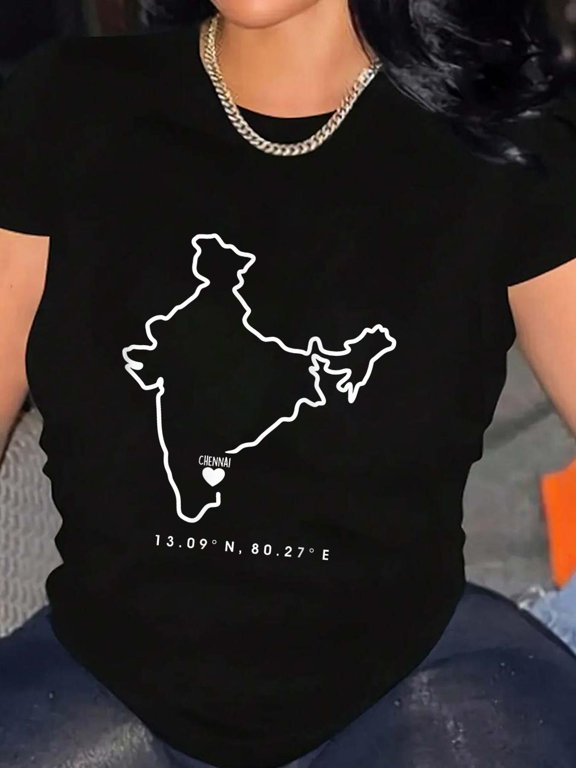 Chennai Coordinates India Map & Heart Design T-Shirt Graphic Tee summer Tops For Women Round Neck Fashion Cotton shirts