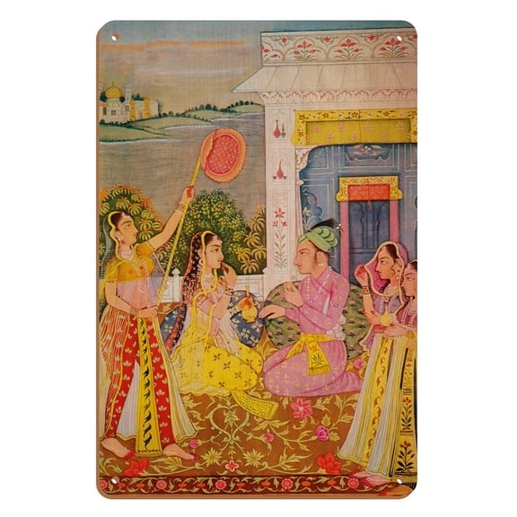 Chennai India - The Lovers Ceremony - Vintage Indian Miniature Painting by David May c.1981 - 8 x 12 inch Vintage Wood Art Sign