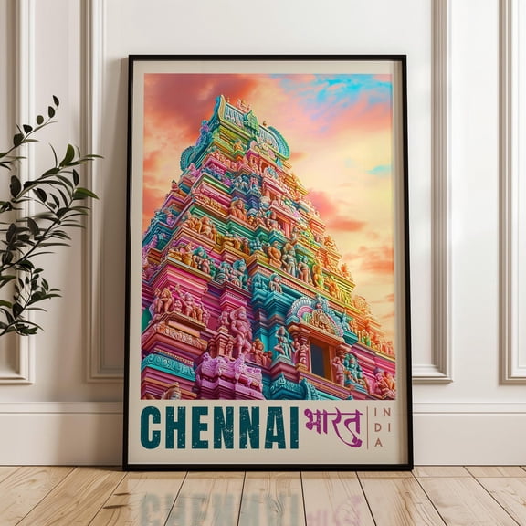 Chennai, India travel Print, colourful temple art print, vibrant South India heritage decor, Unframed Canvas 8x10in
