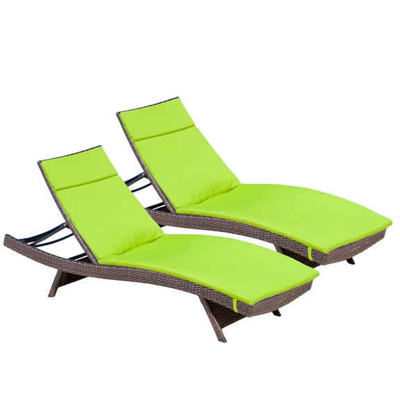 Chenoa Outdoor Brown Wicker Adjustable Chaise Lounge with Bright Green Cushion (Set of 2)
