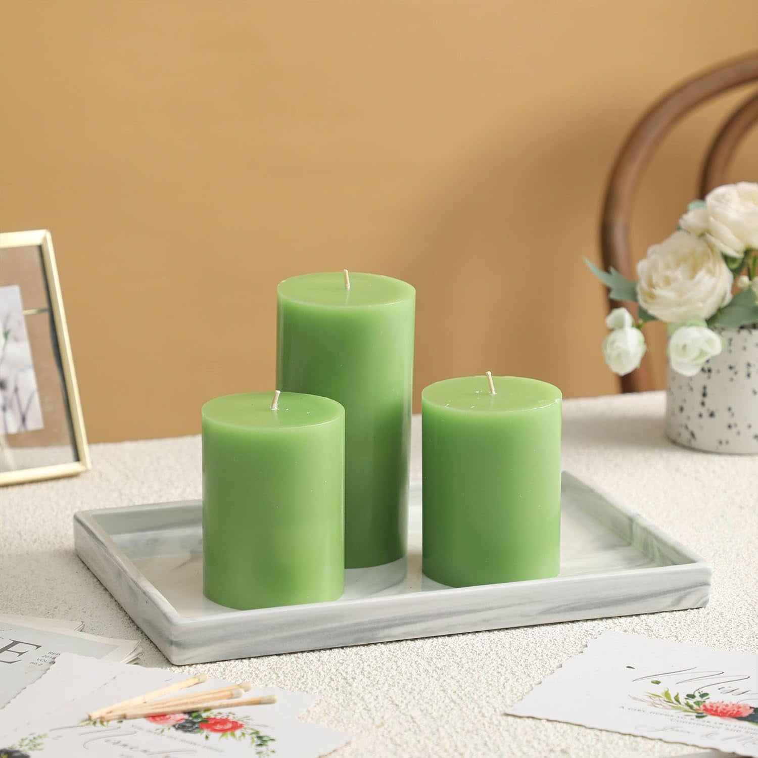 Chenran-3x4 Inch Green Pillar Candles Set of 3 - Decorative Unscented ...