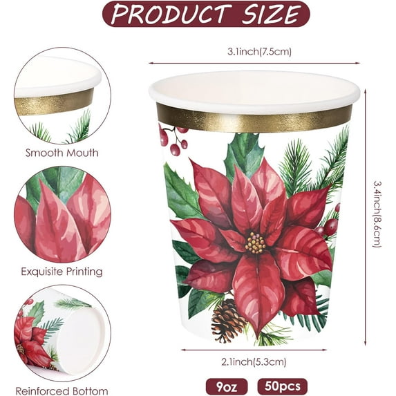 Chenran-50 Pcs Christmas Paper Cups - 9 oz Christmas Poinsettia ...