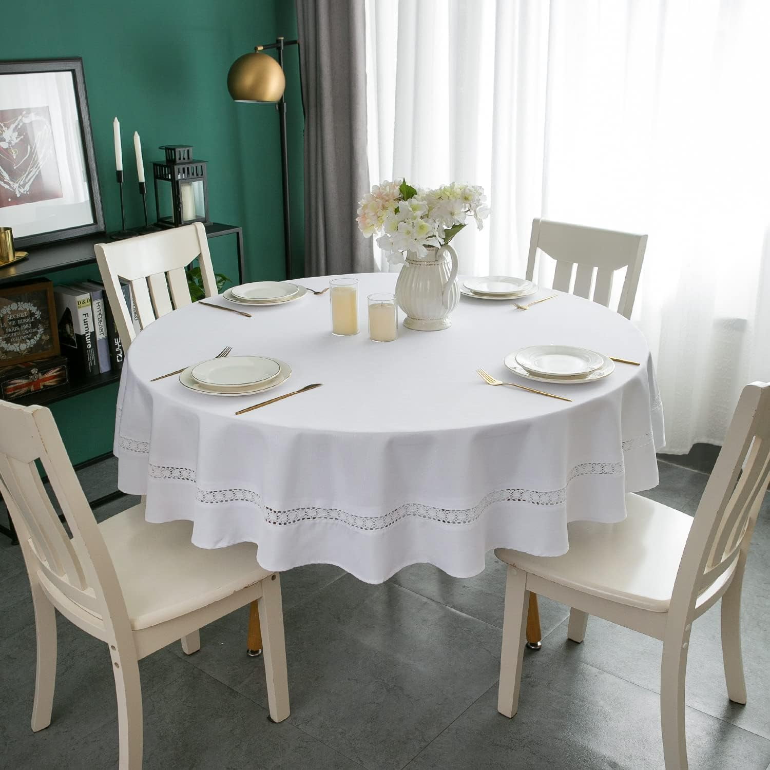 EHouseHome Heavy Duty Round Tablecloth 70 Inch - Waterproof Wrinkle-Free Lace Trim For Dining, Weddings & Outdoor (Grey) 2 thumbnail image