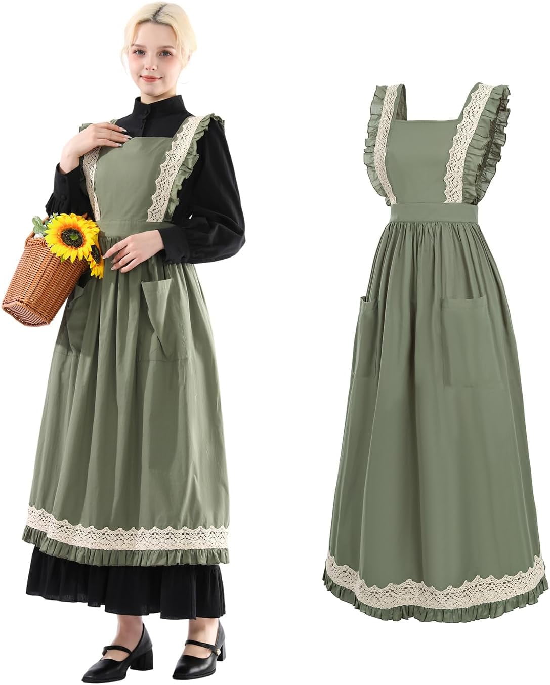 Chenran-White Vintage Maid Ruffle Apron for Women Colonial Pioneer ...
