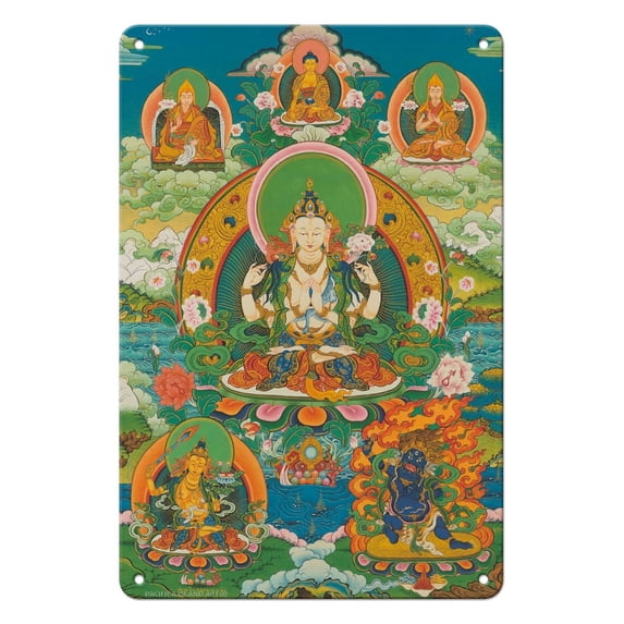 Chenrezig (Four Armed Avalokiteshvara) Deity - Vintage Tibetan Thangka Buddhist Painting c.1800s - 8 x 12 inch Vintage Metal Tin Sign