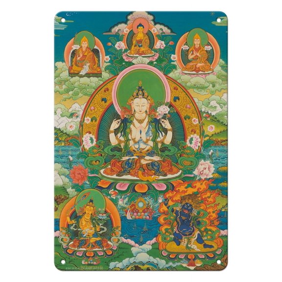 Chenrezig (Four Armed Avalokiteshvara) Deity - Vintage Tibetan Thangka Buddhist Painting c.1800s - 8 x 12 inch Vintage Metal Tin Sign
