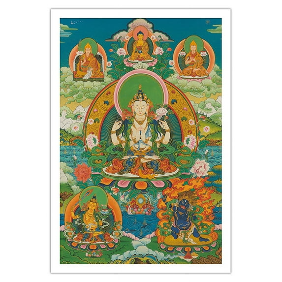 Chenrezig (Four Armed Avalokiteshvara) Deity - Vintage Tibetan Thangka Buddhist Painting c.1800s - Fine Art Matte Paper Print (Unframed) 30x44in