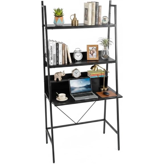 Chenshuoo 3-Tier Ladder Computer Desk, 71 Inch Modern Writing Desk with Storage Shelves, PC Laptop Workstation, Ladder Bookcase Stand Shelf with Metal Frame, Study Shelf Desk for Home Office (Black)