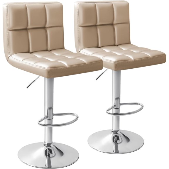 Chenshuoo Bar Stools Modern PU Leather Adjustable Swivel Barstools, Armless Hydraulic Kitchen Counter Bar Stool Extra Height Square Island Barstool with Back Set of 2 (Khaki)