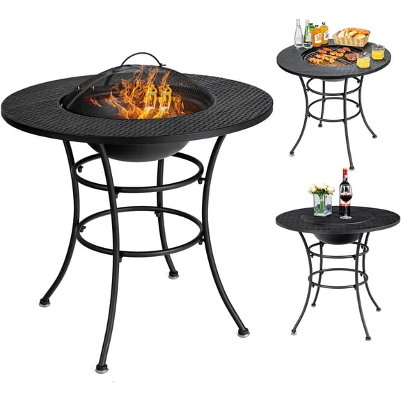 4-In-1 Fire Pit Dining Table, 32" Fire Bowl for Outside, Wood Burning Fireplaces with Cover, Fire Poker, Grill Grate, Patio Dining Table for Camping, Picnic, Yard, Metal Round Outdoor Fire Pit